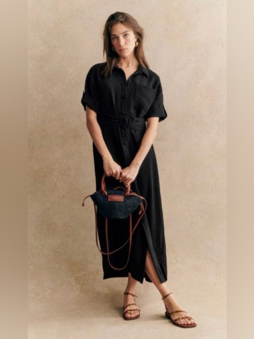 Sezane Black Alani Maxi Shirt Dress with Waist Tie